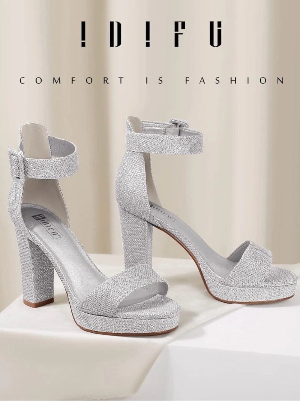 IDIFU Women’s Silver Glitter Ankle-Strap Platform Heels - Sabrina US Size 8